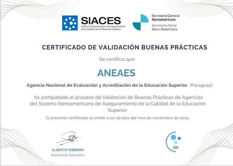 Certificado de validación de buenas prácticas que recibió ANEAES.