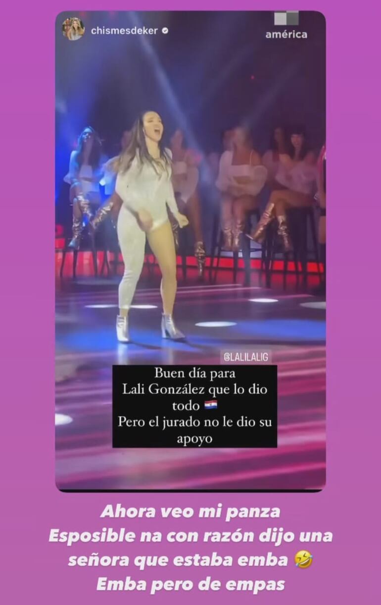 “Ahora veo mi panza. Esposiblena, con razón dijo una señora que estaba emba. Pero emba de empas”, escribió Lali González en sus historias de Instagram. (Instagram/Lali González)