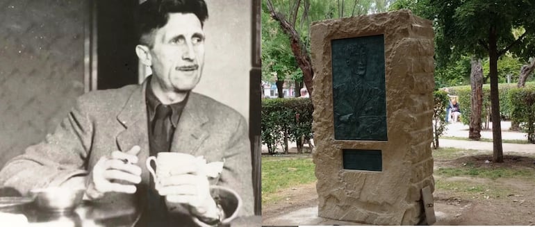 A la izquierda, George Orwell en su apartamento de Canonbury Road en octubre-noviembre de 1945. A la derecha, la obra en recuerdo de Orwell que se acaba de inaugurar en el parque Miguel Servet de Huesca, mayo de 2024