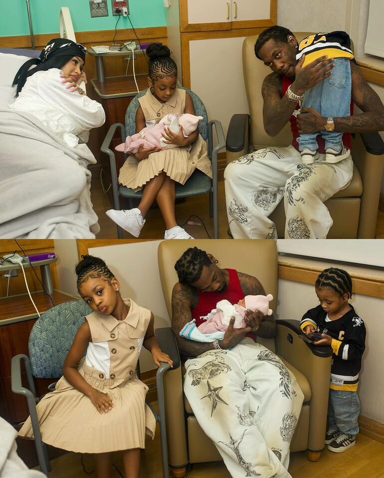 Collage familiar. Cardi B y Offset con sus hijos Kulture, Wave y el bebé recién nacido. (Instagram/Cardi B)