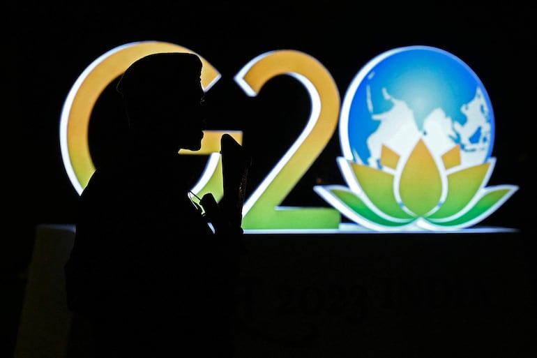 Logo de la Cumbre del G20 en Nueva Delhi. La cita de los líderes de países desarrollados inicia este fin de semana. (AFP)