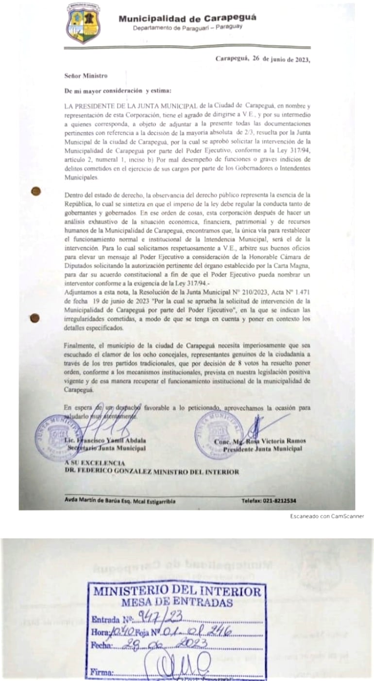 Nota de pedido de intervención de la Municipalidad de Carapeguá, solicitada por la Junta Municipal.
