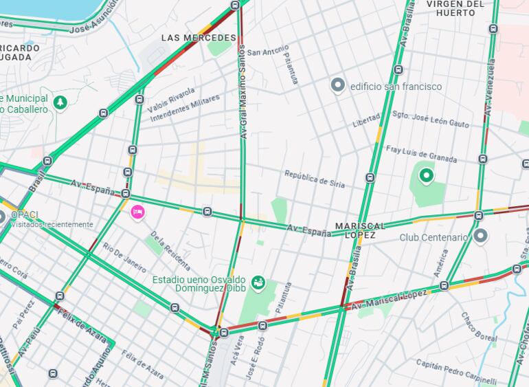 Los puntos más rojos a granate demuestran un tráfico muy congestionado tanto en Mcal. López como en Artigas.