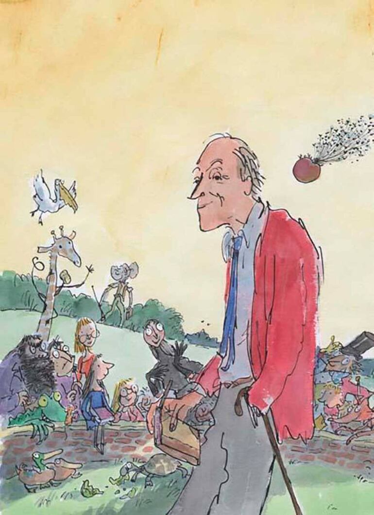 Roald Dahl y sus personajes, dibujados por Quentin.Blake,