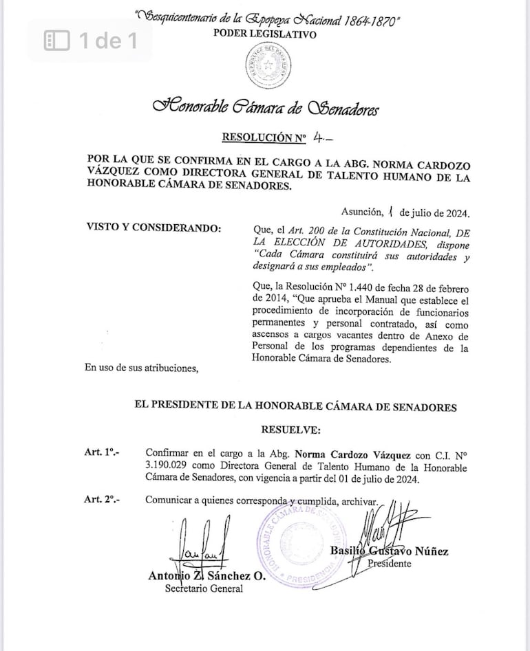 Resoluciones de las primeras designaciones de Basilio Bachi Núñez como nuevo presidente de la Cámara de Senadores.
