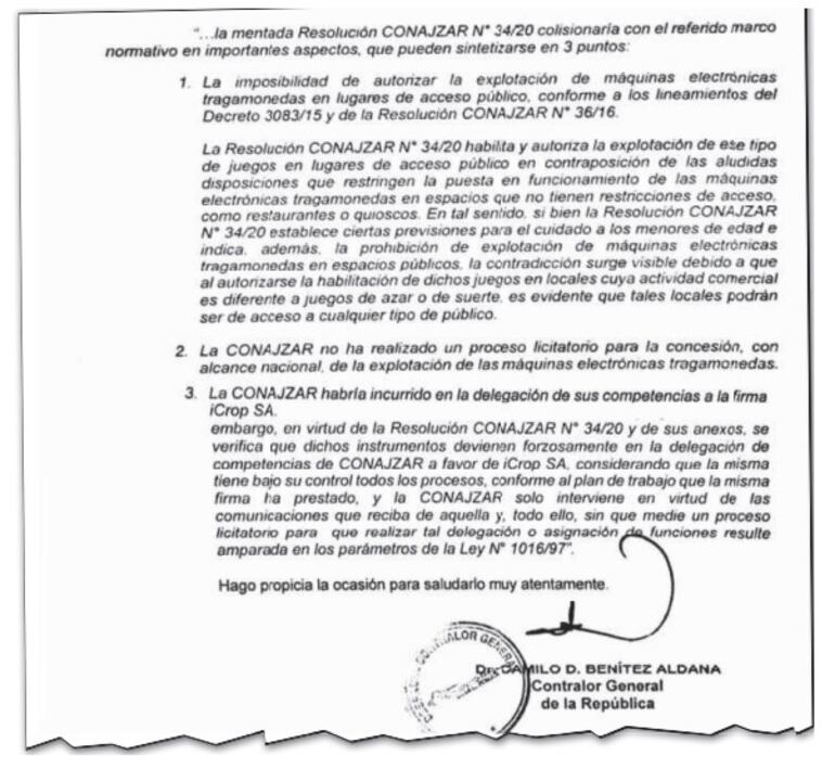 Facsímil del resumen del dictamen de Contraloría que califica de ilegal que Conajzar permita el uso de tragamonedas en sitios que no sean exclusivos de juegos de azar.  La reguladora de juegos de azar ignoró lo dispuesto por el ente contralor.