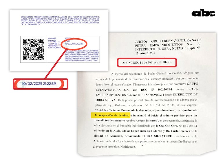 La denuncia del grupo Buenaventura contra Petra Emprendimientos fue presentada el 10 de febrero a las 21:22 y el interdicto de obra fue resuelto el 11 de febrero a la mañana.