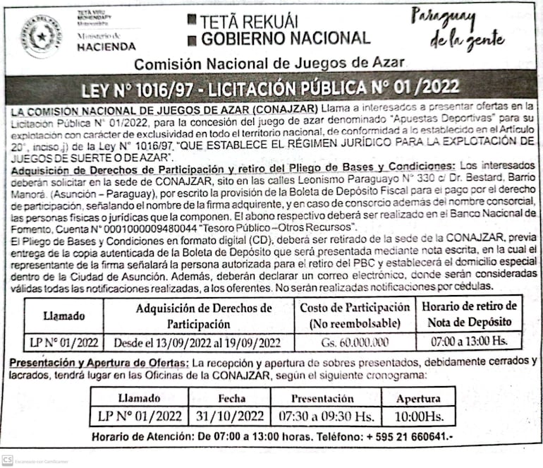 La Conajzar convoca a las empresas interesadas en la explotación de apuestas deportivas, juego con carácter de exclusividad en todo el territorio nacional (monopolio).