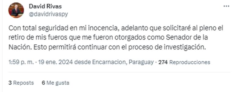 Posteo del senador cartista Hernán David Rivas donde anuncia que pedirá que sus colegas lo desaforen por estar imputado,