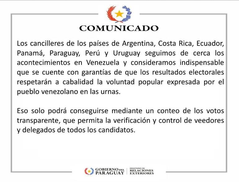 Comunicado del MRE sobre las elecciones en Venezuela.