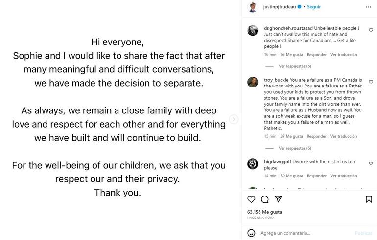 Cuenta de Instagram Justin Trudeau en la que anunció su separación.