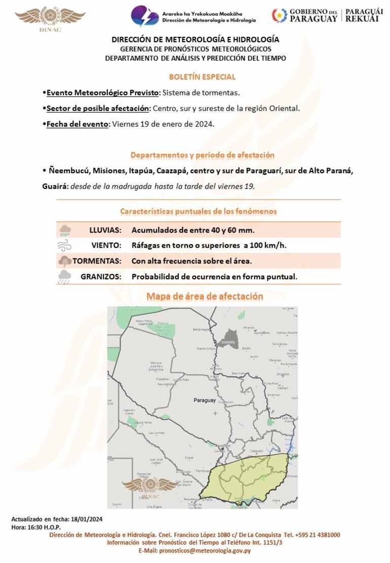 Boletín especial de Meteorología donde se anuncian tormentas y fuertes vientos,