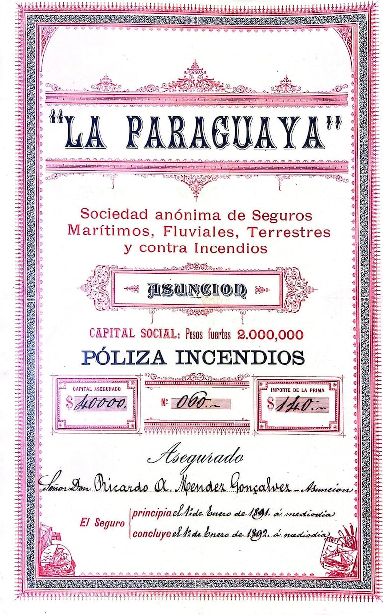 Primera póliza de La Paraguaya de Seguros, que cumple 135 años de trayectoria.