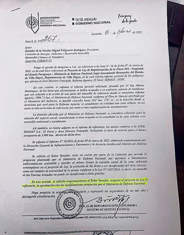 Otro documento en el que se evidencia que el proyecto que el mismo Basilio Núñez impulsó tuvo modificaciones  por parte del Ministerio de Defensa Nacional.