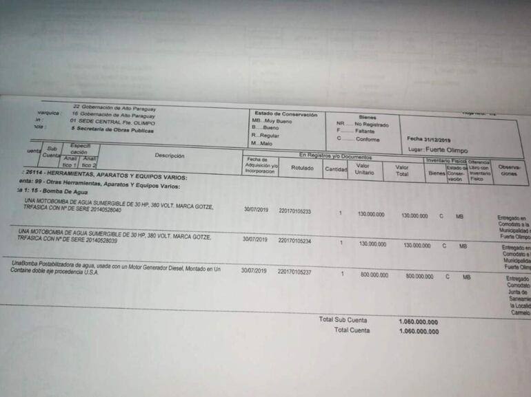 Ejecución presupuestaria 2019 de la Gobernación, donde se evidencia el pago de las dos motobombas y la planta potabilizadora.