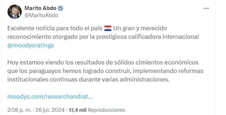 Mensaje de Mario Abdo Benítez tras la comunicación oficial de que Paraguay llegó al grado de inversión.