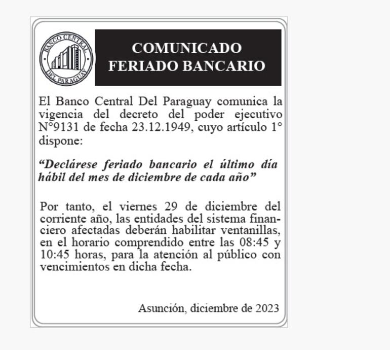 Comunicado sobre el feriado bancario del último día hábil del 2023.