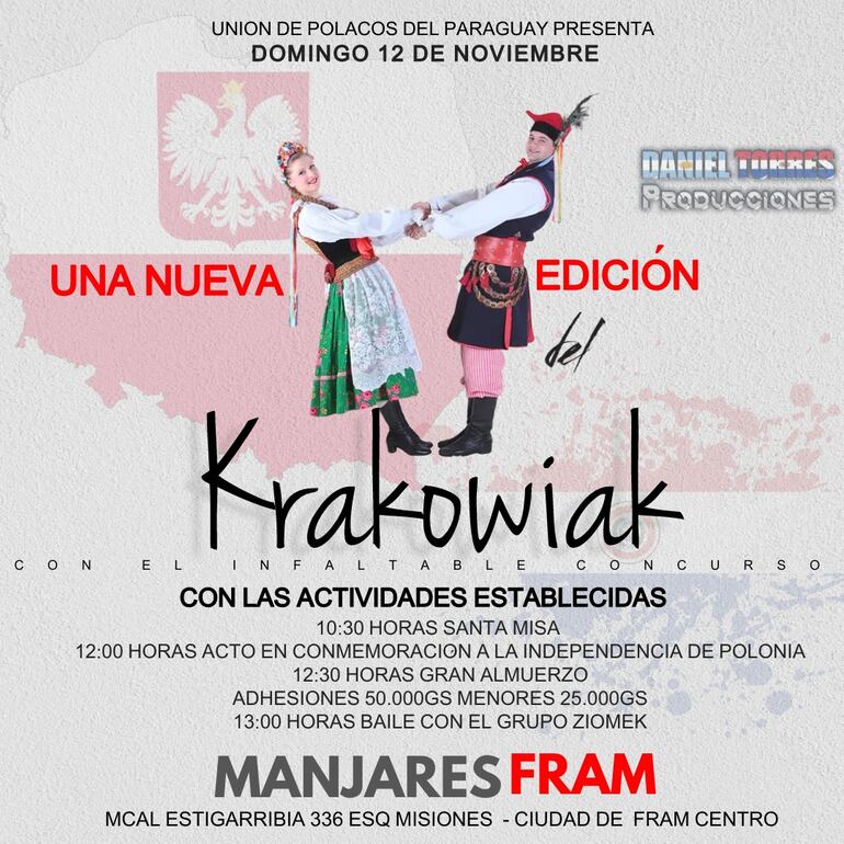 Afiche de anuncio de la fiesta por la independencia de Polonia que tendrá lugar mañana, en Fram, Itapúa.