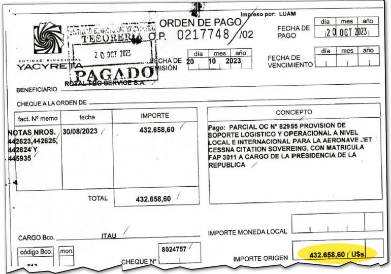 Otra erogación por US$ 432.658,6 se hizo el 20 de octubre de 2023, poco días después de enviar una nota a Taiwán.