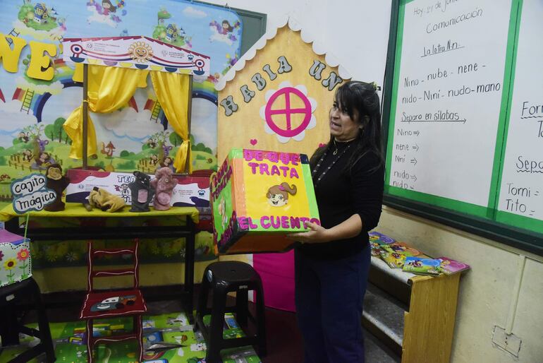 La profesora Lourdes Rojas, del primer grado de la escuela Celsa Speratti muestra los insumos que armó para el rincón de lectura del programa Ñe´ery.