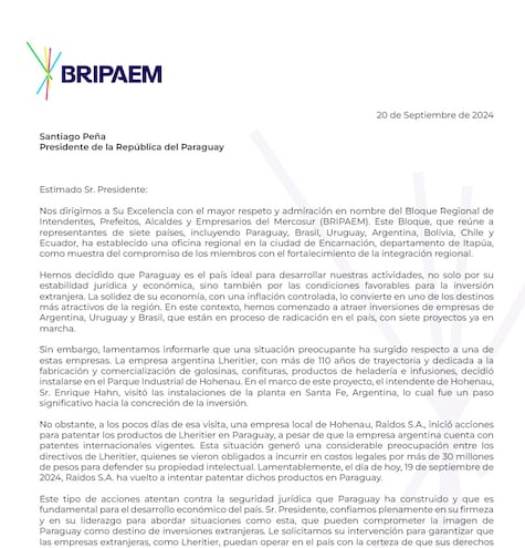 Nota remitida por BRIPAEM al presidente de la República, denunciando un atentado contra la seguridad jurídica.