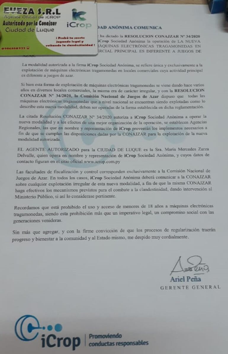 Notificación entregada en locales ubicados en la ciudad de Luque. La empresa "Eveza SRL" reporta que es agente oficial de iCrop SA e insta a los comerciantes a regularizar la explotación de las máquinas de "tragamonedas".