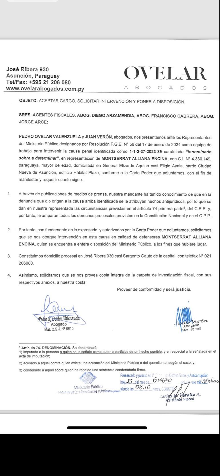 Nota presentada por Pedro Ovelar en Fiscalía para representar a investigados en caso Nepobabies.