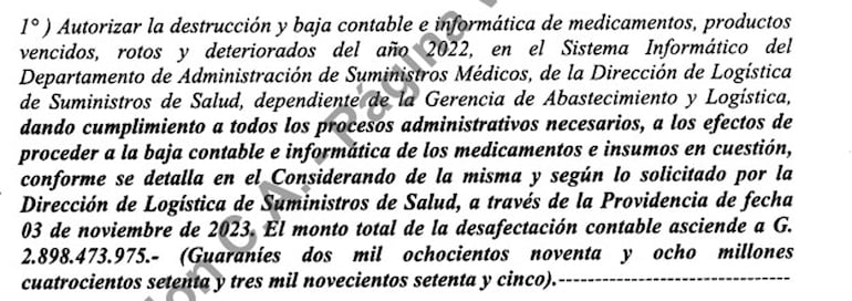 Nota interna que autoriza a Wels SA la destrucción de los insumos. Por el momento no aparece en la DNCP el monto a ser pagado.