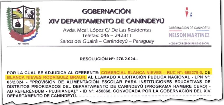 La disposición de la institución departamental de Canindeyú donde se también se adjudicó a la socia del amigo del vicepresidente.