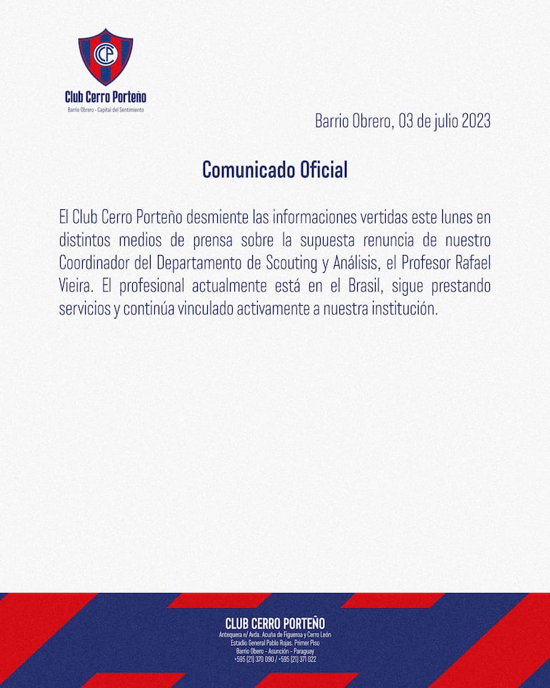 Comunicado oficial de Cerro Porteño