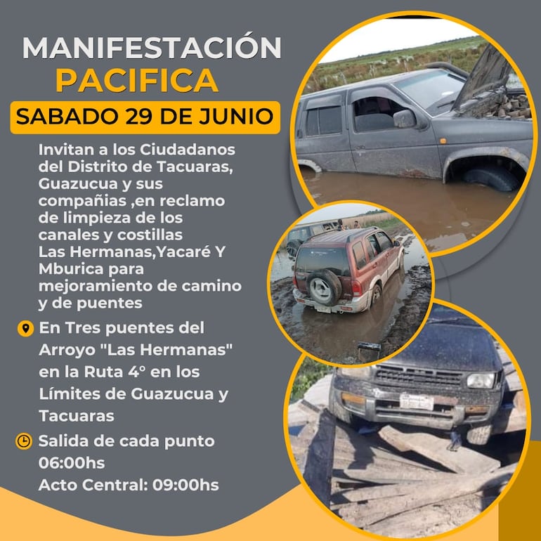 Los pobladores de los diferentes distritos de Guazucua y Tacuaras, anuncian una gran movilización el próximo 29 de  junio en reclamo de la reparación de puentes y caminos.