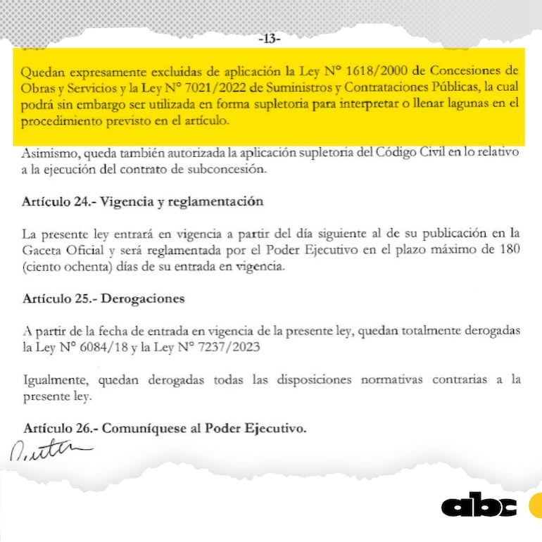 Proyecto de ley del tren de cercanías que presentó el Gobierno, que excluye las leyes de concesión y Contrataciones Públicas.