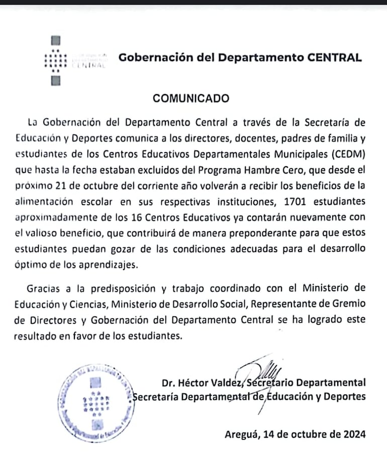 La Gobernación de Central notificó ayer que el Ejecutivo decidió reponer el almuerzo escolar a los colegios que habían sido excluidos en este departamento.