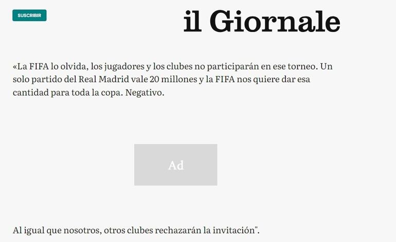La respuesta de Carlo Ancelotti sobre el Mundial de Clubes en el periódico il Giornale.
