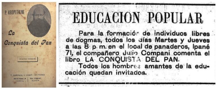 Izquierda: Portada del libro La conquista del pan, versión en castellano de la Editorial Sempere y Cia. (archivo propio) / Derecha: Anuncio publicado en Renovación el 15 de octubre de 1921.