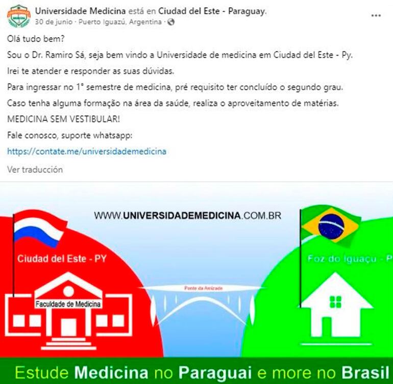 Una publicidad en Facebook para estudiar medicina en Paraguay, mientras viva en el Brasil.