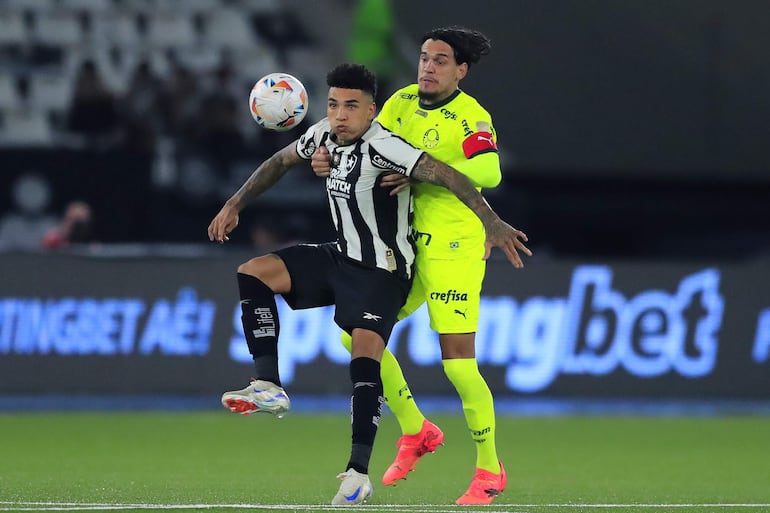 El paraguayo Gustavo Gómez (d), futbolista de Palmeiras, pelean por el balón en un partido frente a Botafogo por la ida de los octavos de final de la Copa Libertadores 2024 en el estadio Olímpico Nilton Santos, en Río de Janeiro.