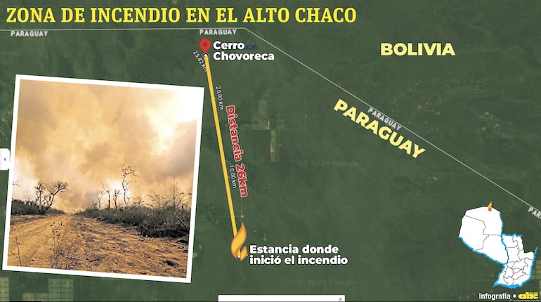 El inmueble donde se inició el incendio según denuncia de Infona, se encuentra a 26 kilómetros del Cerro Chovoreca. La reserva natural está en peligro.