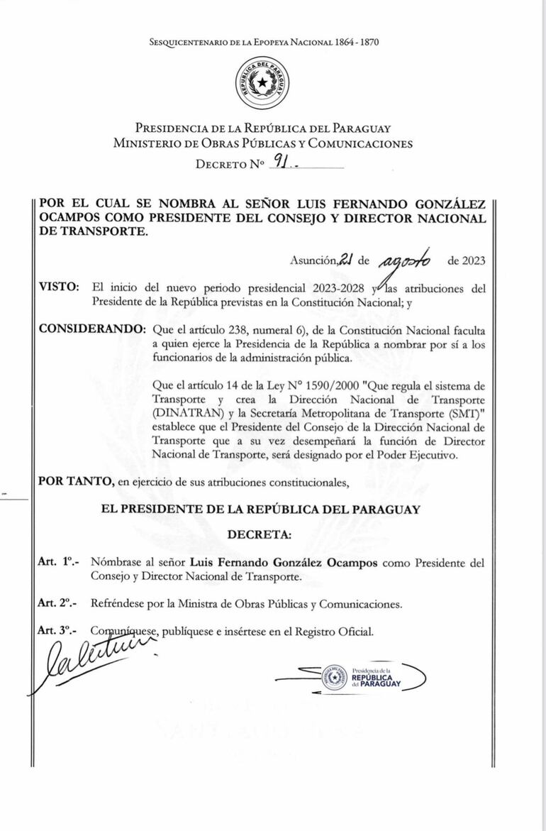 A través del decreto N° 91, el presidente de la República nombró a Luis Fernando González Ocampos como presidente del Consejo y Director Nacional de Transporte.