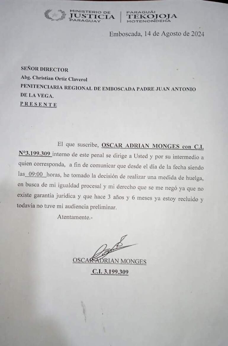 Nota enviada por el Óscar Adrián Monges al director de la Penitenciaría Regional de Emboscada, al que informó su decisión de empezar una huelga de hambre.