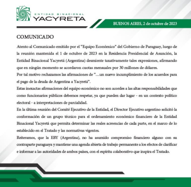 Comunicado de la entidad Binacional Yacyreta, lado argentino.