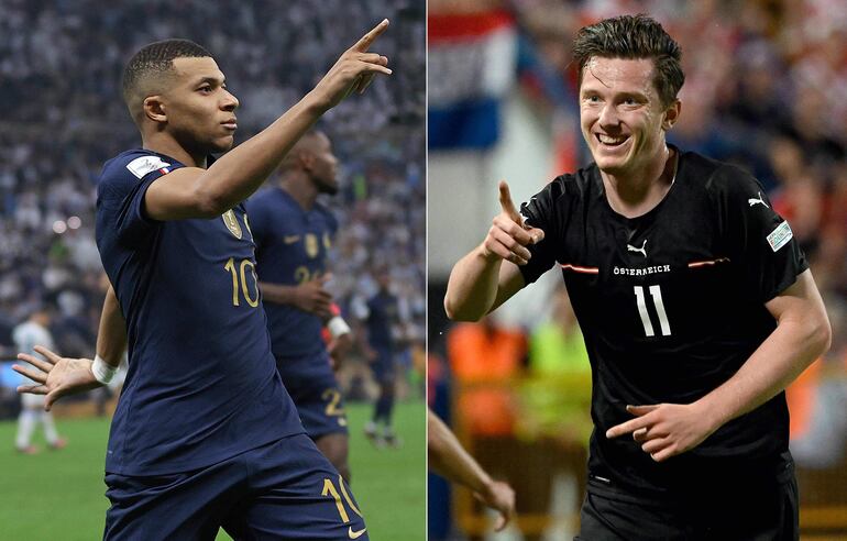 (COMBO) This combination of pictures created in London on June 15, 2024 shows France's forward #10 Kylian Mbappe (L) celebrates scoring his team's third goal during the Qatar 2022 World Cup final football match between Argentina and France at Lusail Stadium in Lusail, north of Doha on December 18, 2022. ; and Austria's forward Michael Gregoritsch celebrating after scoring a goal during the UEFA Nations League football match between Croatia and Austria at the Gradski stadium in Osijek, on June 3, 2022. Austria will face France during the UEFA Euro 2024 football Championship on June 17, 2024. (Photo by ADRIAN DENNIS and Robert JAEGER / AFP)