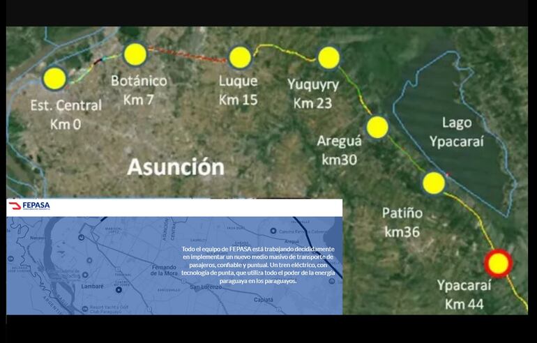 El mapa de paradas del tren de cercanías divulgado inicialmente por Fepasa para promocionar el proyectos.