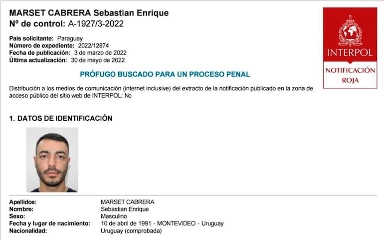 Notificación roja de Interpol sobre el uruguayo Sebastián Enrique Marset Cabrera.