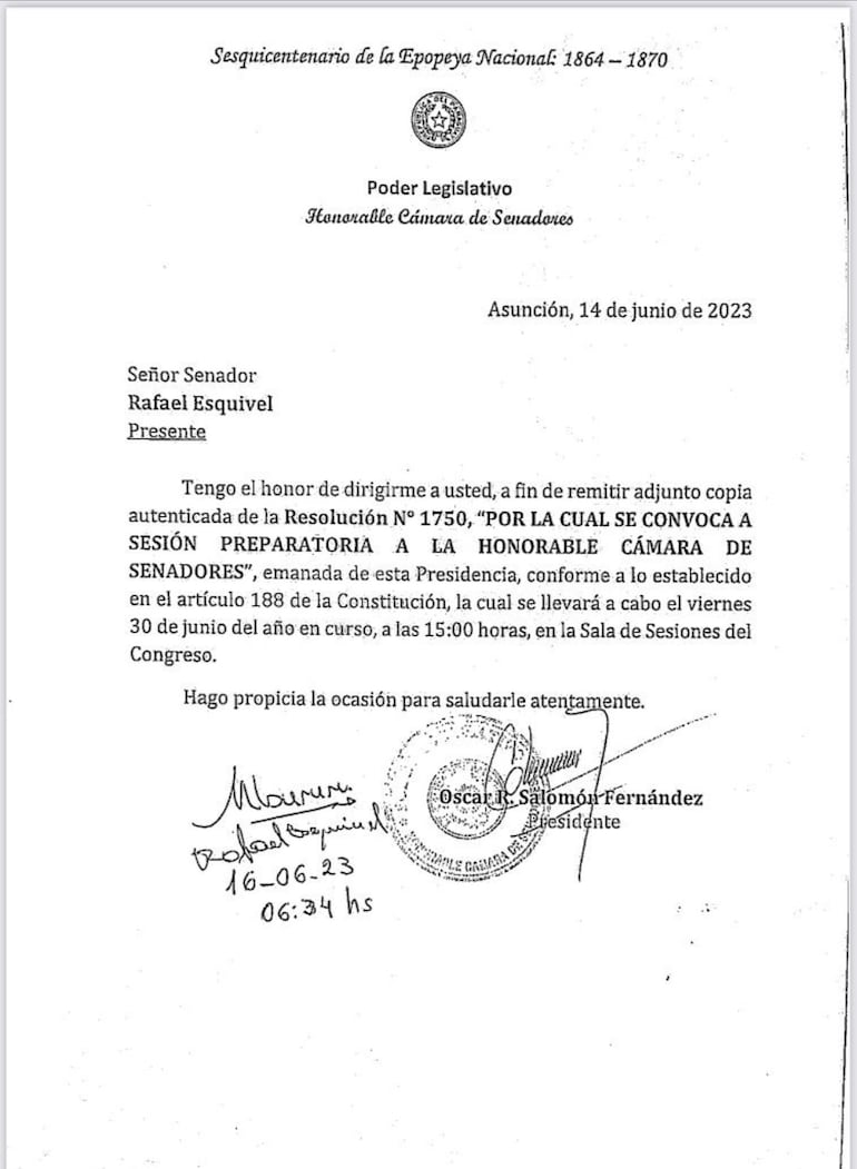 La nota remitida a Mbururú por la Cámara de Senadores.