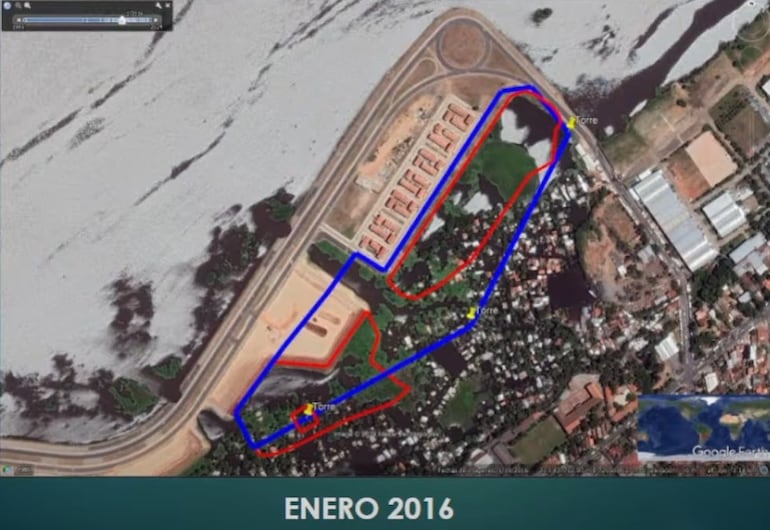 Imagen satelital de las obras de refulado del MOPC en 2016, incluyendo parte del polígono que debía rellenar la Municipalidad de Asunción.