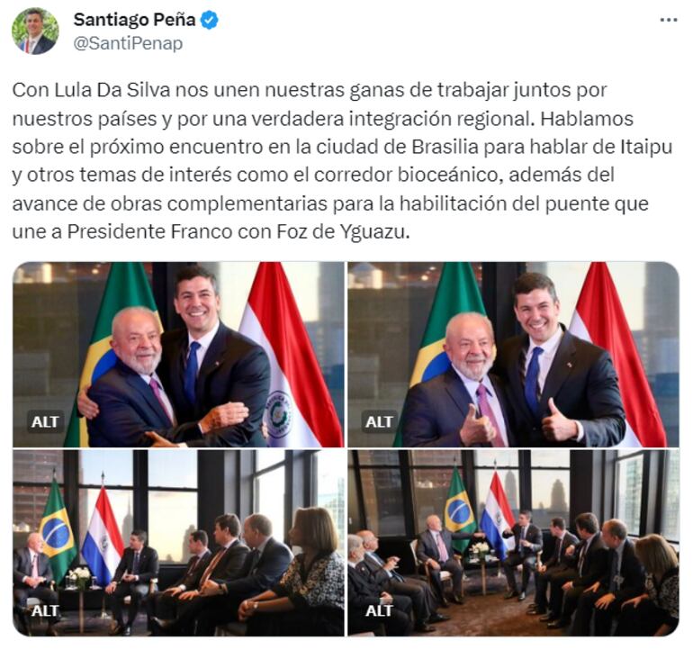 Publicación en la red social X de Santiago Peña sobre su encuentro con el mandatario brasileño Lula Da Silva.
