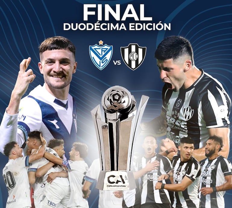 Fotos de José Florentín (d) son utilizadas por la organización para promocionar la final de la Copa Argentina 2024 entre Vélez Sarsfield y Central Córdoba.