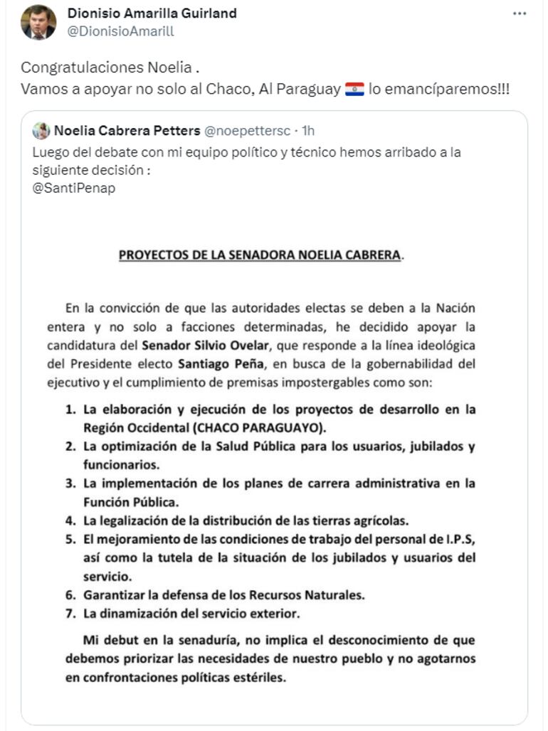 Dionisio Amarilla comparte el tweet en el que Noelia Cabrera, senadora electa por la lista de senadores de la Concertación Nacional y quien es del Partido Liberal Radical Auténtico (PLRA) anuncia su apoyo a Silvio "Beto" Ovelar en la puja por la presidencia del Senado y a Santi Peña.