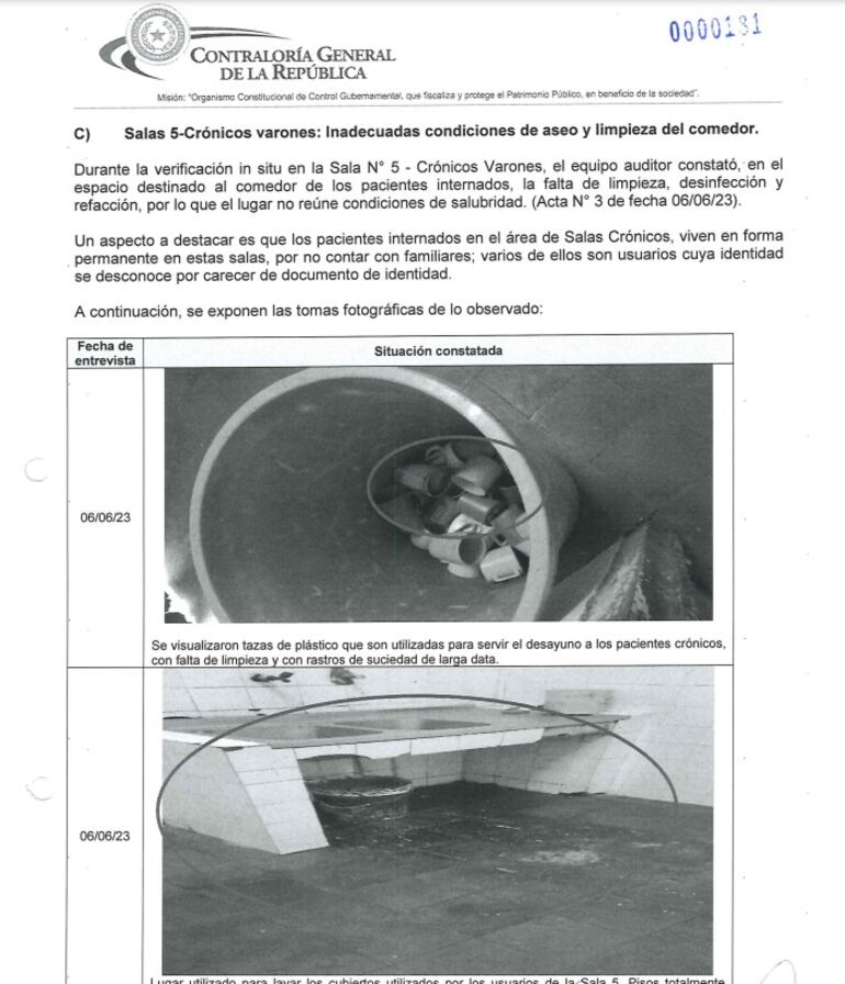 Fotografías tomadas por la Contraloría en junio. Tazas de desayuno llevan varios días acumuladas, sin limpiarse, en un sucio lavabo del Hospital Psiquiátrico.